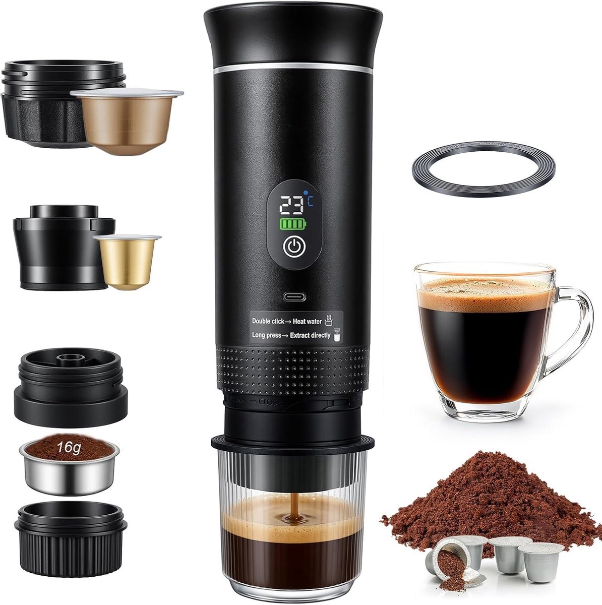 koffiezetapparaat, 20 bar, 3-in-1 draagbare espressomachine, compatibel met kleine/grote capsules en gemalen koffie, automatische verwarming, draagbaar koffiezetapparaat voor reizen