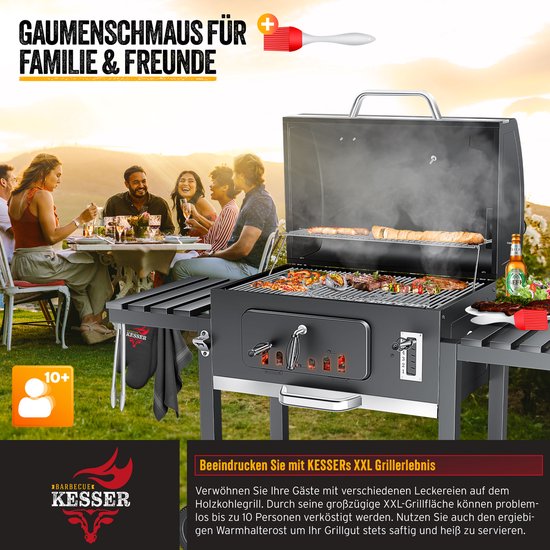 KESSER® Houtskoolbarbecue XXL Barbeque Houtskool met Deksel, Wielen, Afdekkap, Roestvrij Stalen Handvat, Barbecuerooster en Thermometer, 8 Spiesen met Zakje & siliconen Borstel, grote BBQ Camping Terras Tuin van KESSER — afbeelding 2