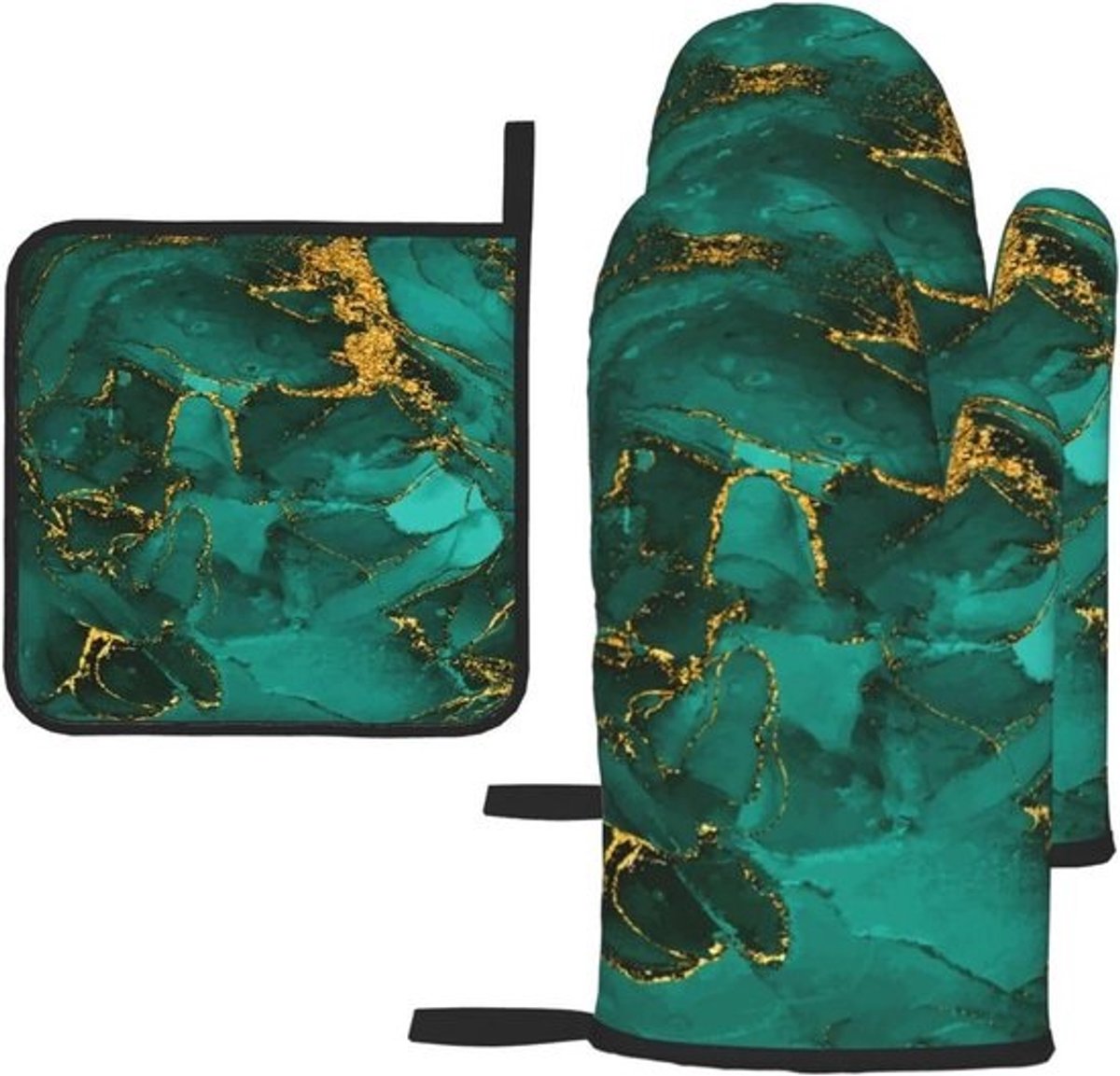 Ovenwanten en Pannenlappen Set - Hittebestendige Pads - Koken en Bakken - Antislip en Wasbaar - 3 stuks - Groen Marmer