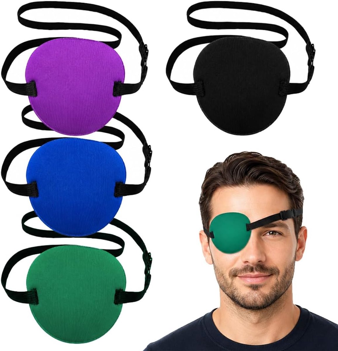 4 stuks verstelbare oogkleppen van polyester, meerkleurig (zwart, blauw, groen, paars) voor amblyopie, strabisme, na operaties, oogbescherming - geschikt voor volwassenen en kinderen