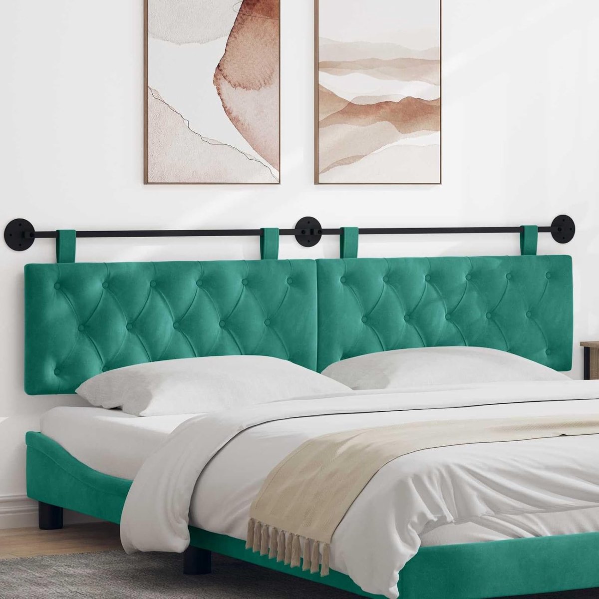 hoofdbord van fluweel turquoise met knopen, velours, voor slaapkamer en eetkamer, technisch hout en schuim