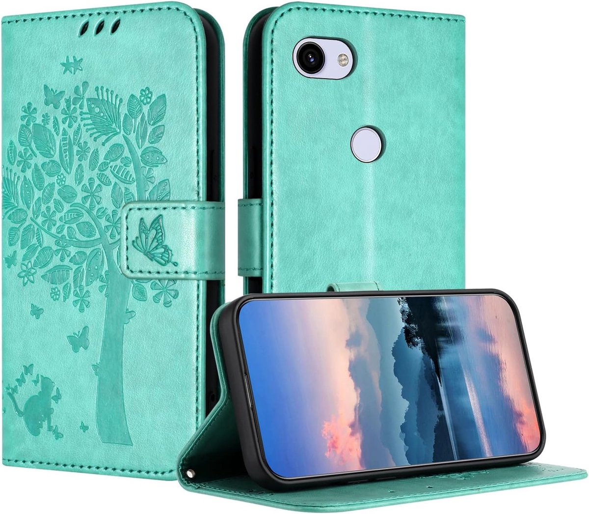 Hoes voor Google Pixel 3A, PU-leren portemonneehoes met reliëf met kaartenvak en magneetsluiting standfunctie hoesje compatibel met Google 3A - Lichtgroen