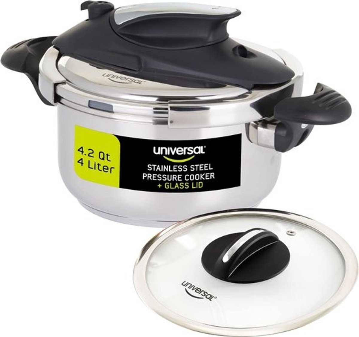 Snelkookpan 4,2 kwart / 4 liter - Roestvrijstalen kookpot met extra glazen deksel - Inductie en multifunctioneel