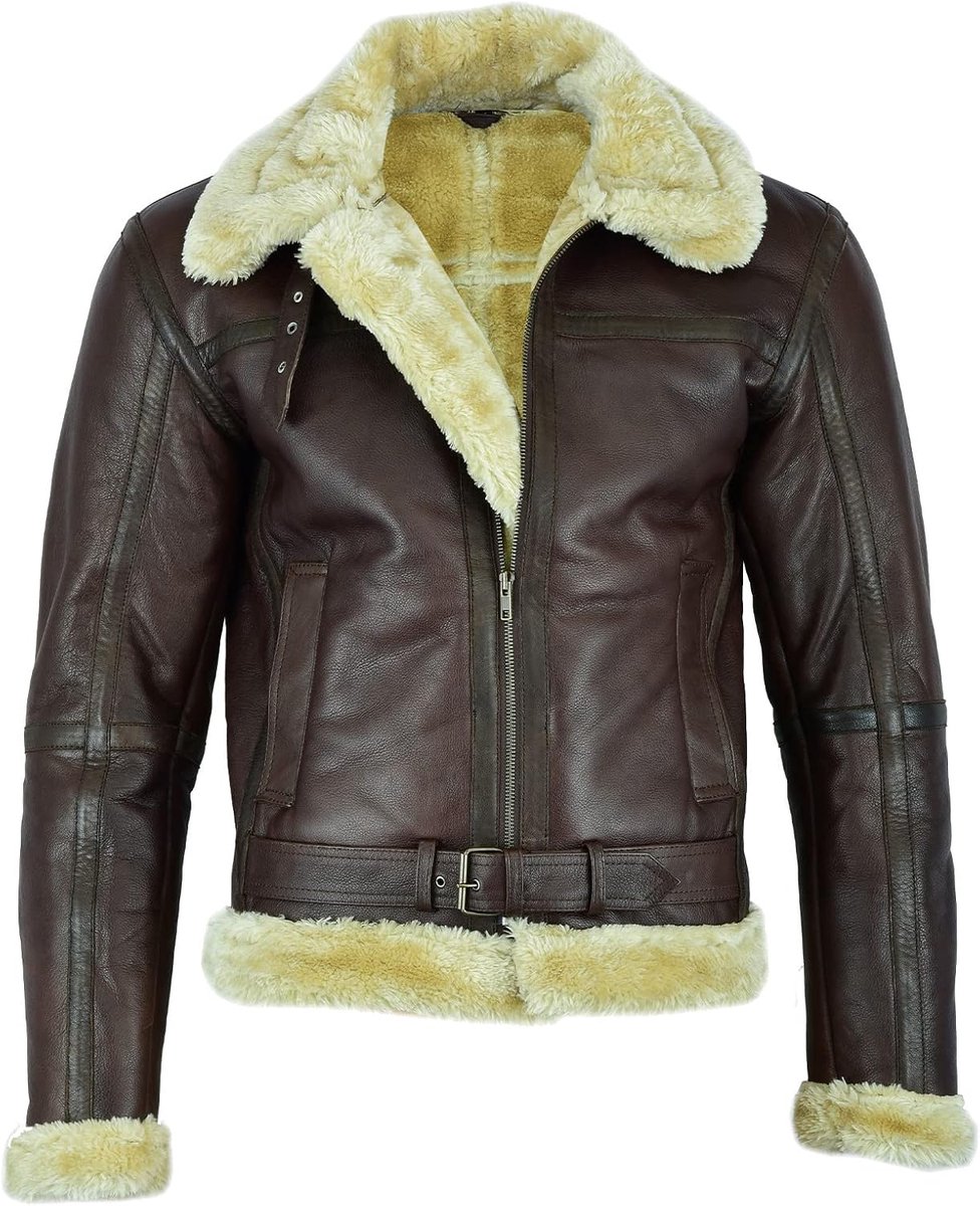 Heren Bruin Aviator Real Goat Vintage Bomber Schapenvacht Vliegende Jas heren Bruin Leren jas met dikke Shearling