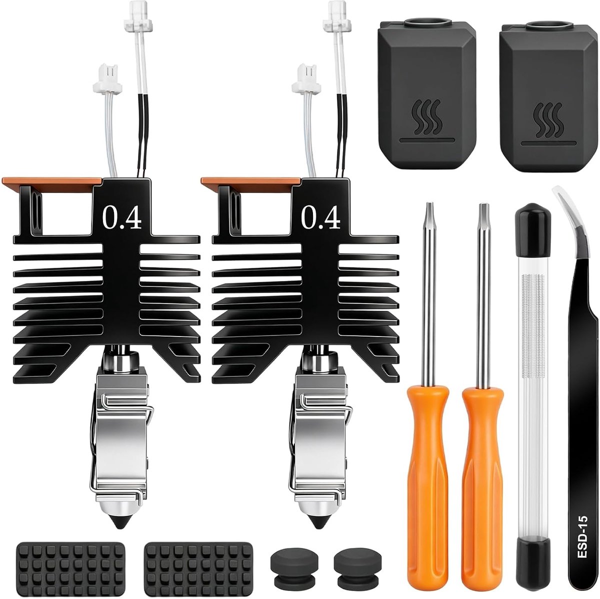 2 stuks 0,4 mm hotend kit voor Snapmaker U1, 0,4 mm mondstuk van gehard staal, hotend kit met reinigingsnaald, siliconen sok, mondborstel, lekvrije pad, schroevendraaier en pincet