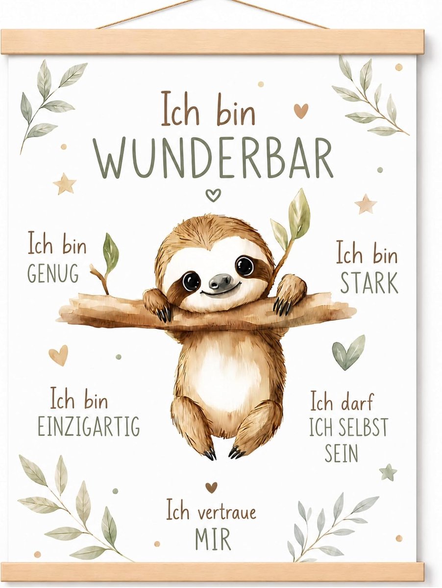 Cadeau-idee: motiverende poster kinderen DIN A4 incl. houten posterlijst - positieve affirmaties met olifant, luiaard, regenboog en vliegtuig (houten posterlijst, luiaard)