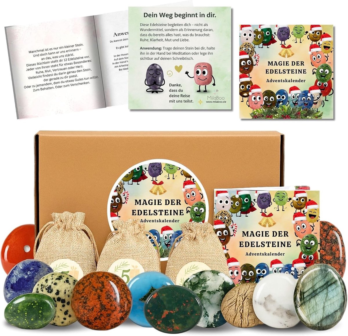 Edelsteen Adventskalender - Magie van Edelstenen - 24 Stuks - Jute Zakje met Brochure en Cijferstickers - Voor Volwassenen en Kinderen