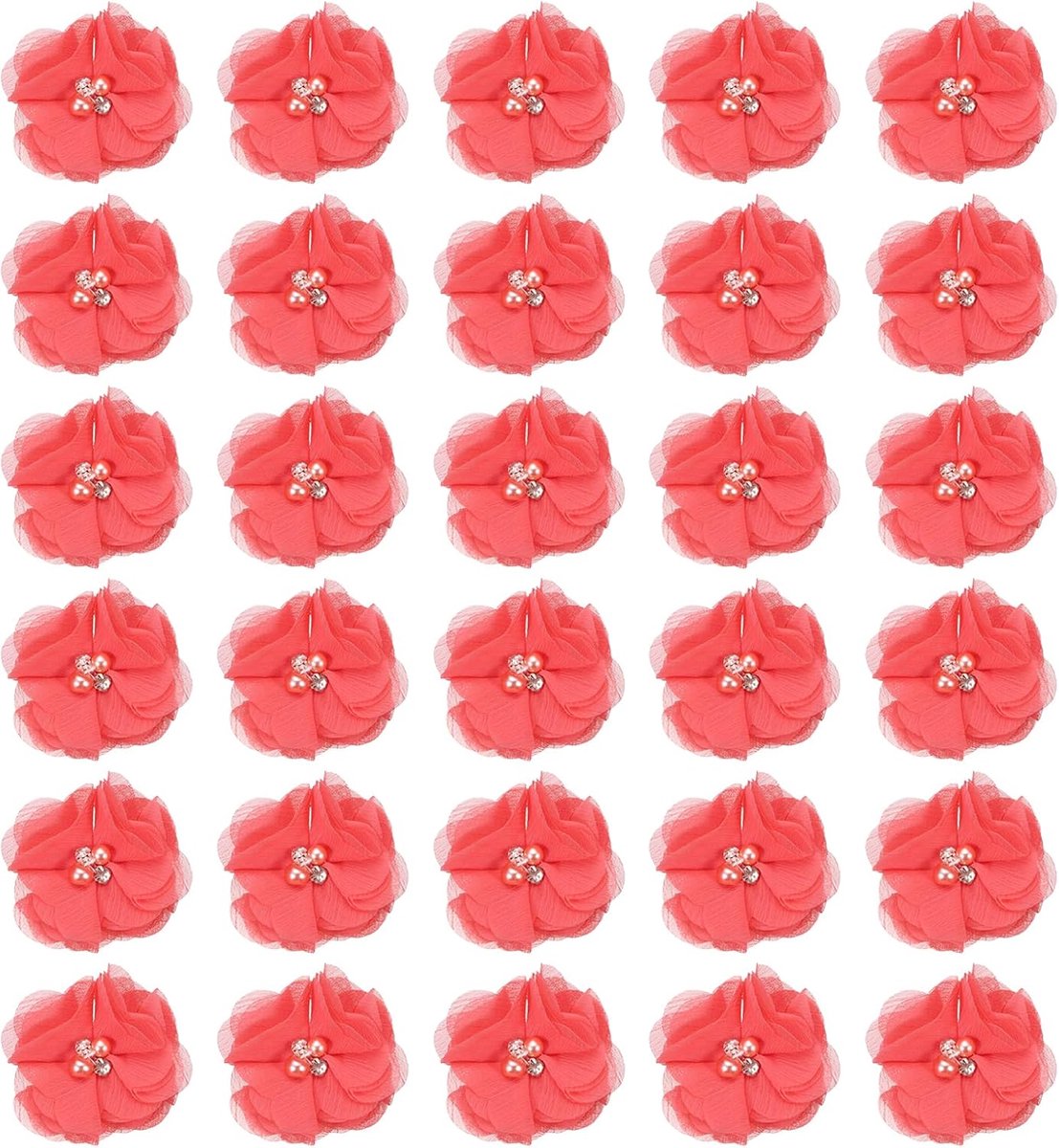 5,1 cm Chiffon Bloemen, 30 Stuks Strass Parel Naaistof Bloemen Kunstmatige Applicaties Versieringen voor Kleding Bruiloft DIY Knipsel Hoofdbanden Decor, Watermeloen Rood
