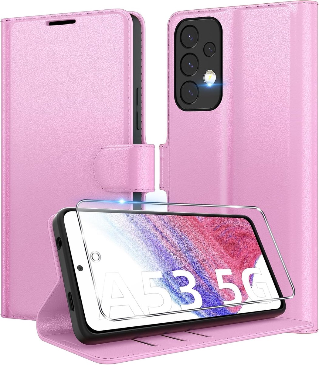 Hoes voor mobiele telefoon voor Samsung Galaxy A53 5G + 1 beschermfolie, premium PU-leren klaphoes, kaartsleuven, portefeuille, standfunctie, magnetische flip beschermhoes, roze