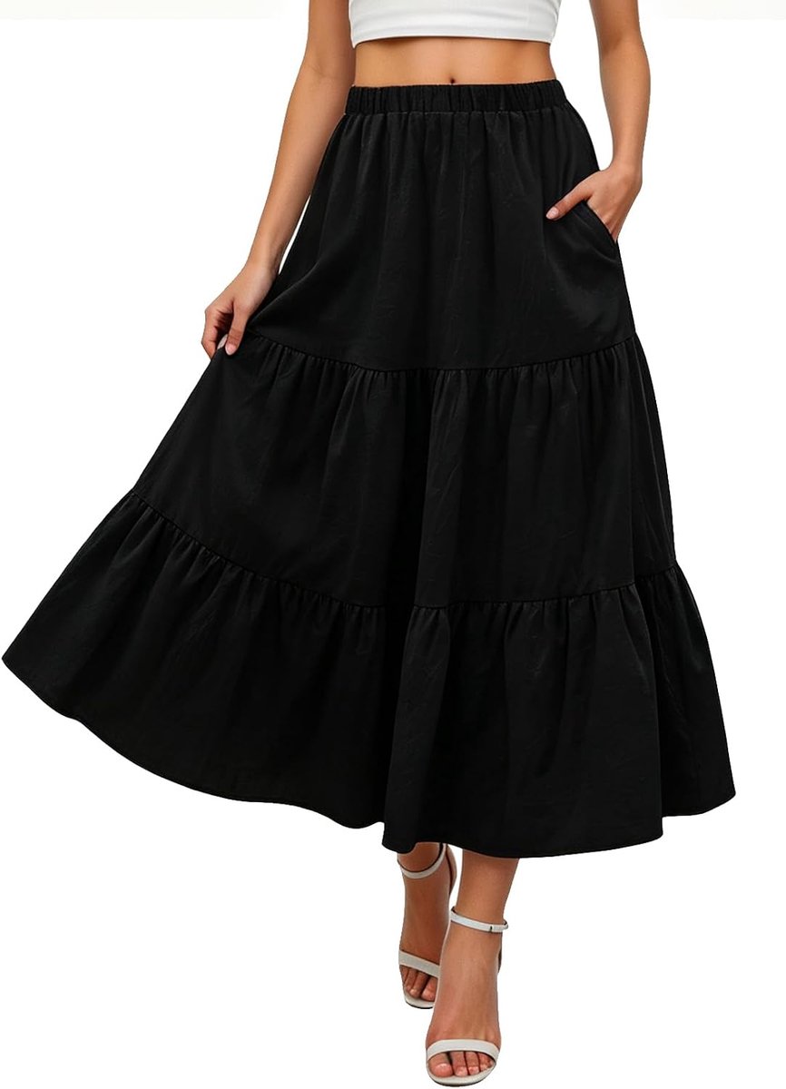Rok voor dames, lange rok met hoge taille, zomer, maxirok, A-lijn, rok, elegant, casual, elastische vrijetijdsrok met zakken, strandrok