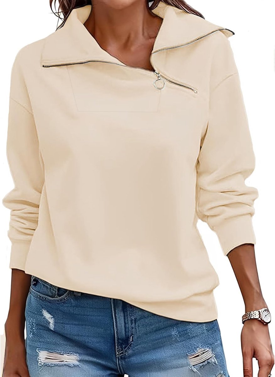 Pullover Dames Sweatshirt Herfst Kwart Ritssluiting Lange Mouwen Staande Kraag Pullover Losse Effen Casual Tops Dames