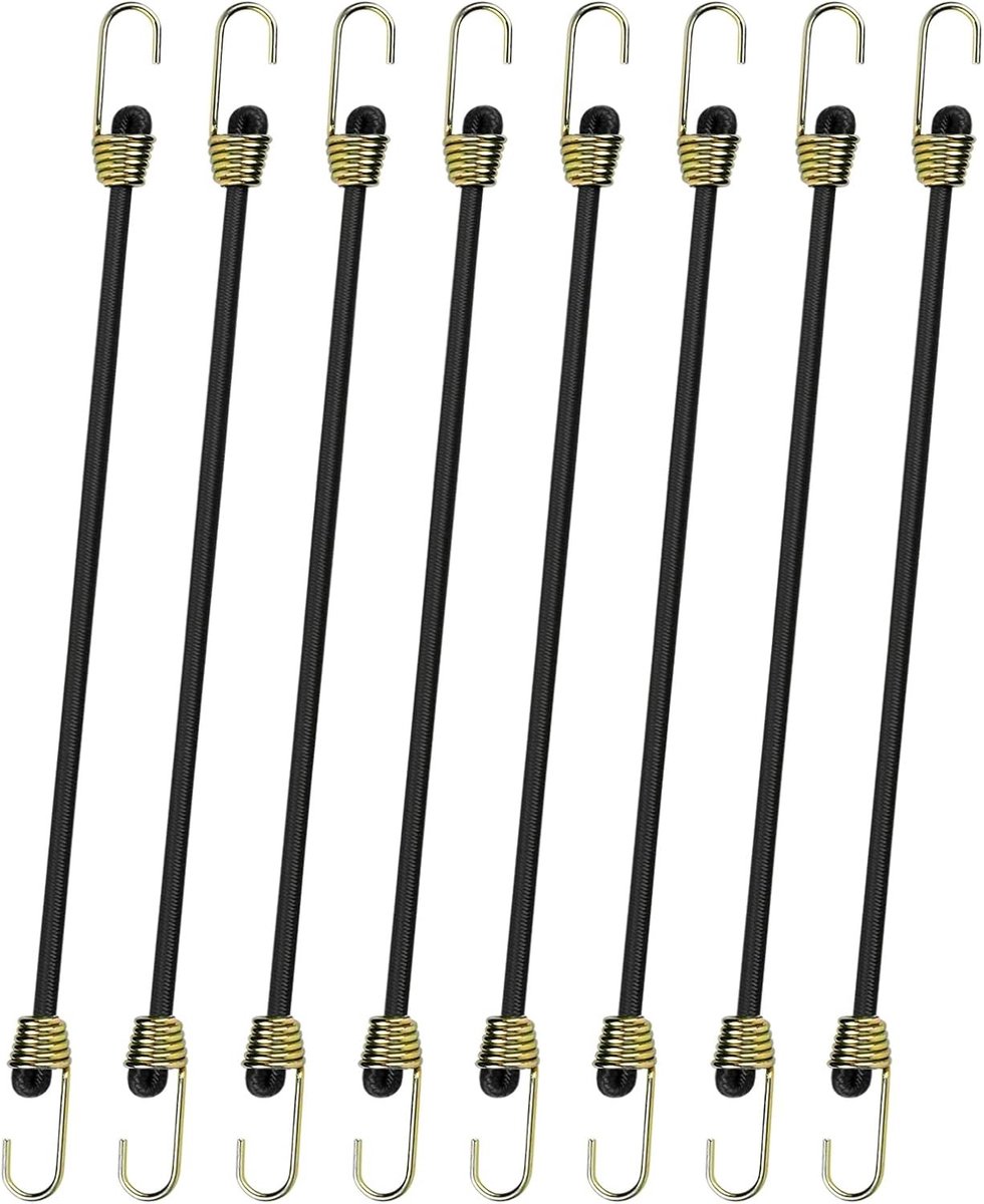 Set van 8 elastische spanbanden met haken van 25 cm - mini rubberen spanbanden voor camping, bagage en tentgebruik (zwart)