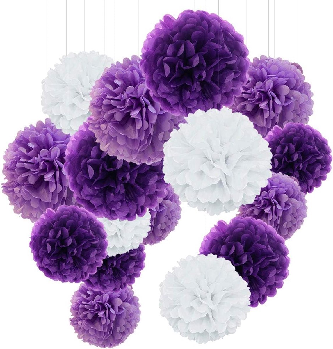 Zijdepapier, 24 stuks zijdepapieren pompons, bloemenbal decoratiepapier kit voor verjaardag, bruiloft, babyshower, feesten, feestdecoratie, lichtpaars, donker violet en wit