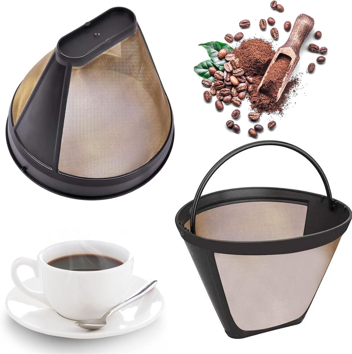 2 stuks koffiefilters, mesh, wasbaar koffiefilter, herbruikbaar filter, koffiefilter, met handvat, maat 4, roestvrij staal, duurzaam, voor de meeste mensen, voor 8-12 kopjes koffie (goud)