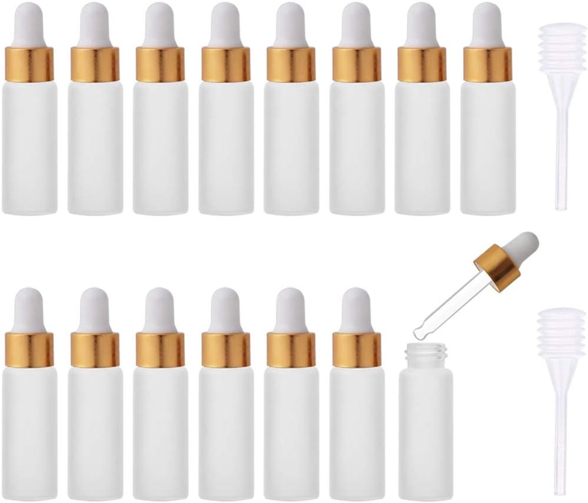 lege, matte glazen pipetfles voor essentiële olie, herbruikbare flessen, voor neusolie, navulbare fles met metalen schroefmonddeksel en rubberen ballon, 15 stuks (5 ml, goudkleurig)