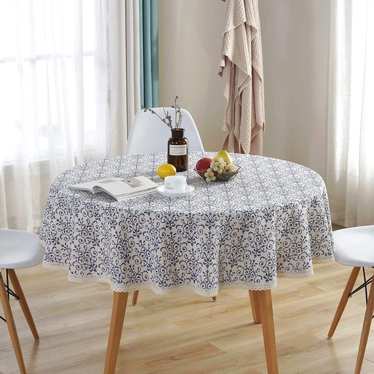 Wijnstokken Bloem Ronde Tafelkleed Katoen Linnen Blauw Wit Kant Tafelkleed Cover Kerst Home Decor 150 Cm Salontafelkleden (Diameter 100CM/39.4in)