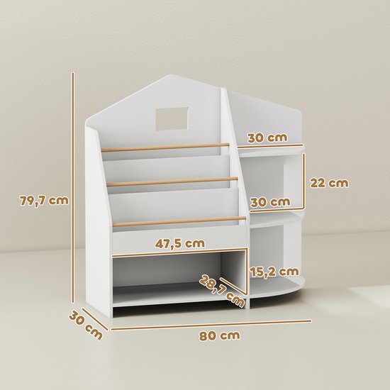 Kinderplank met 7 schappen voor boeken en speelgoed, afgeronde randen, draagvermogen 40 kg, wit — afbeelding 5