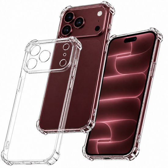 Transparant hoesje en iPhone 18 Pro Max bordeauxrood, een voor een weergegeven.
