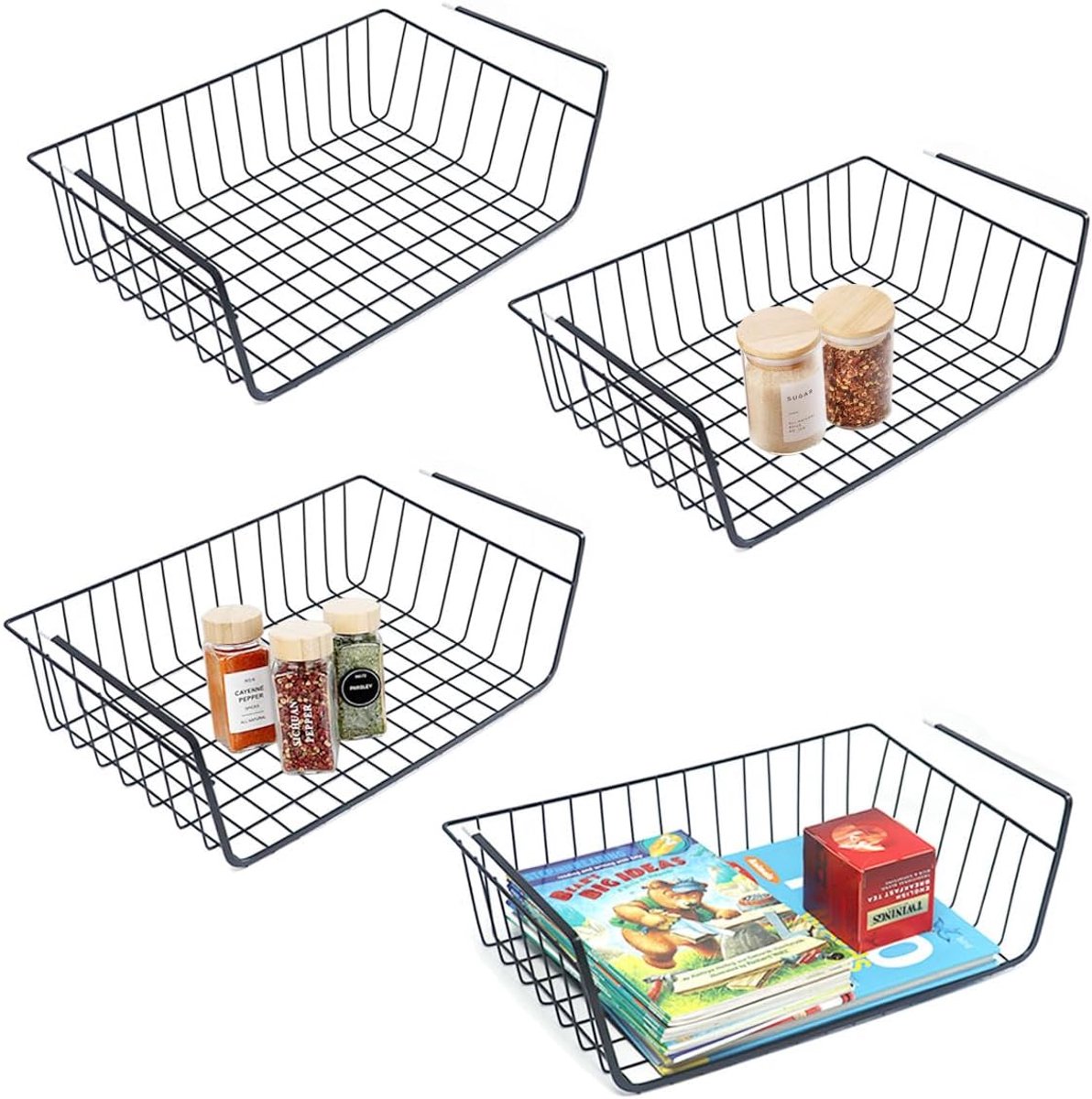 Opbergmand voor onder plank, hangende metalen draad opbergmand, organizer voor onder plank, verwijderbaar voor keuken, kasten, planken, kast, badkamer, kantoor (4 stuks, zwart)