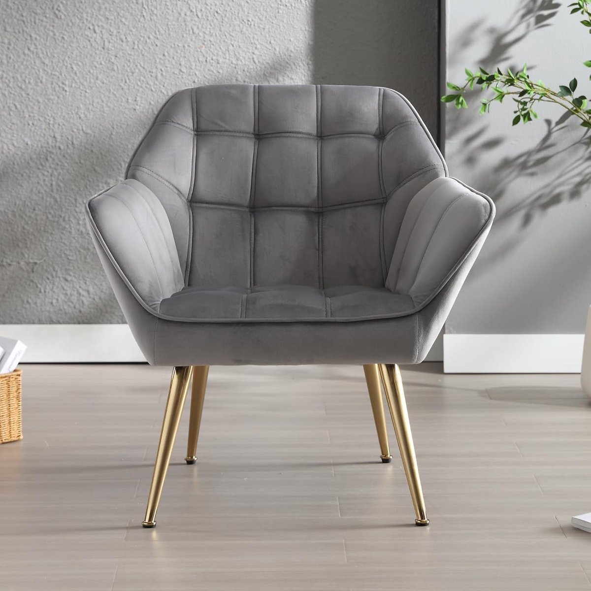 Kuipstoelen fluwelen enkele bank accentstoel voor woonkamer moderne fauteuil cocktailstoel met metalen poten (grijs-1)