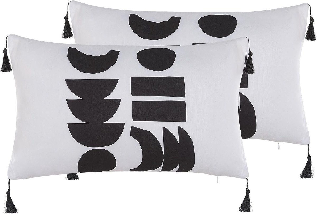 Kussens geometrisch patroon franjes 30 x 50 cm wit zwart Liriope