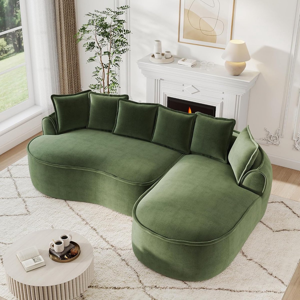 Frameless Hoekbank, L-vorm, modulaire hoekbank van chenille, extra diepe zitting en chaise longue, vloerbank zonder montage, gebogen bank voor woonkamer (groen, 3-zits)
