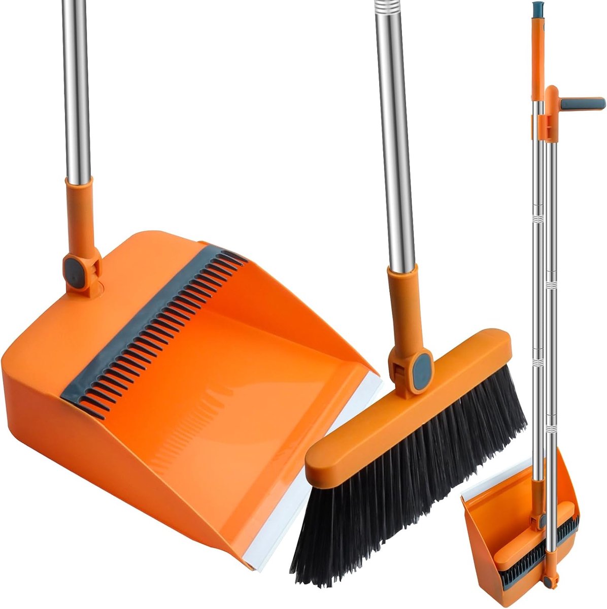 stofpan set met kam tanden winddicht verticale lange steel bezem kit stofpan set huishoudelijke reiniging sweep (Oranje)