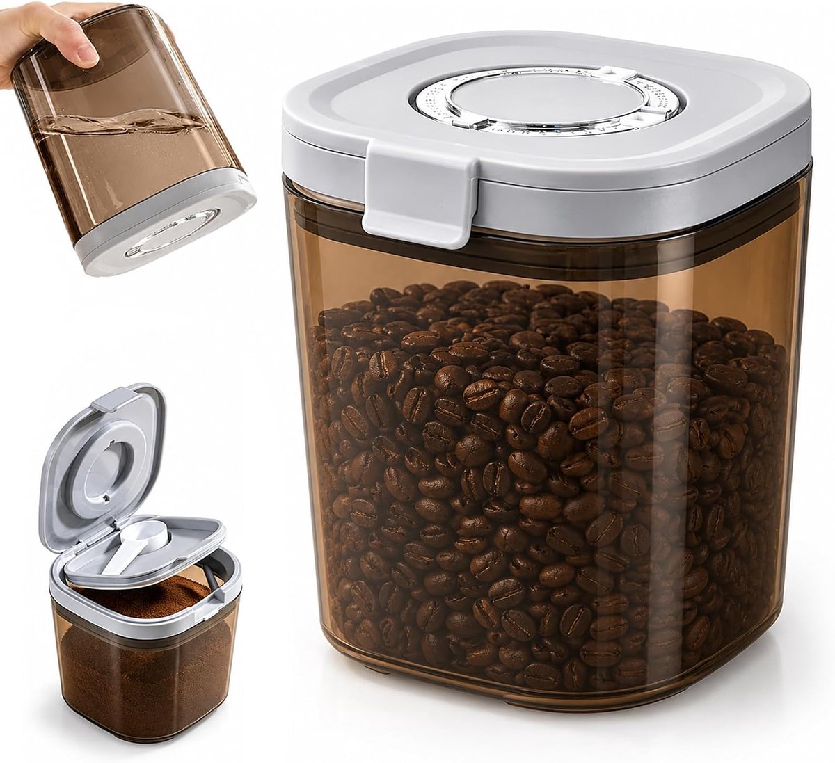 Koffiebonenhouder met deksel, 1,3 l/1300 ml, luchtdicht, koffiebonenhouder, theedoos voor thee, noten, cacao, langer en vers blijven, cadeau voor koppels en koffieliefhebbers, bruin