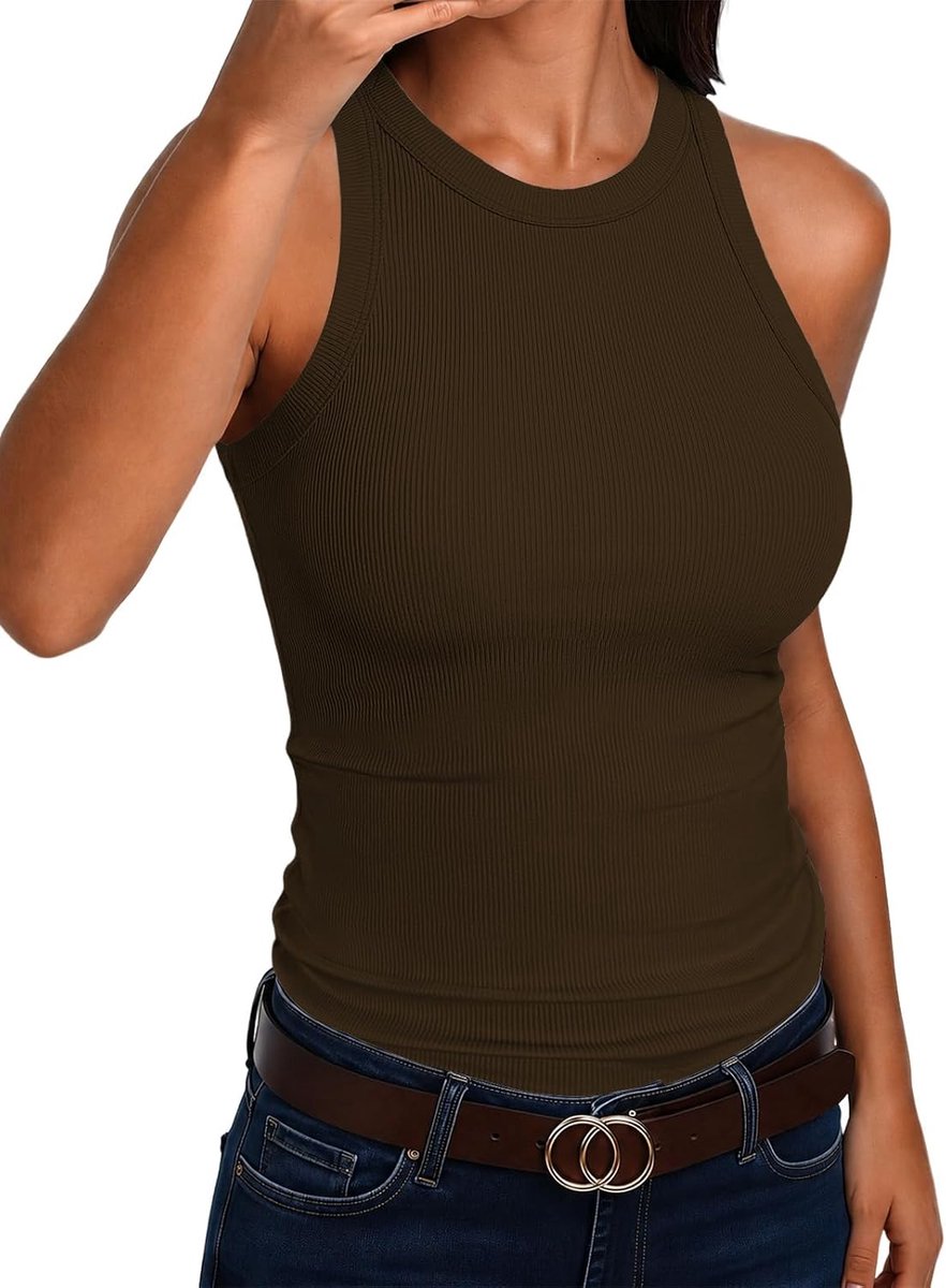 Tanktop voor dames, ronde hals, zomer, geribbeld, top, racerback, mouwloos T-shirt
