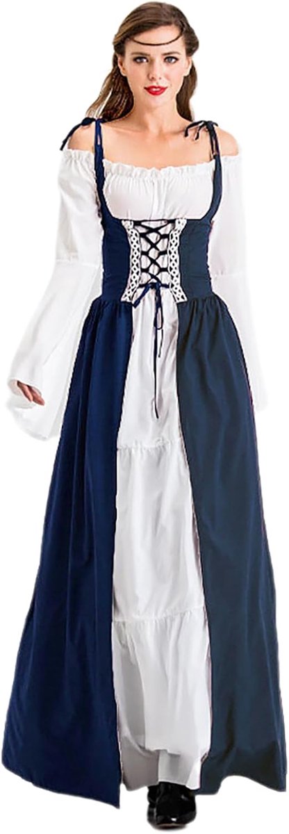 jurk voor dames, middeleeuwse jurk met trompetmouwen, middeleeuws, Victoriaans koninginnenkostuum, maxi-jurk