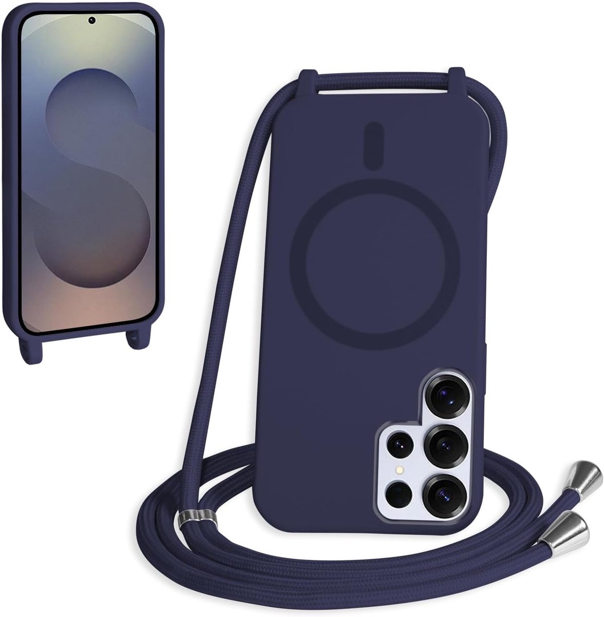 Magnetische telefoonhoes voor Samsung Galaxy S26 Ultra met koord, ketting, hoes om te hangen, compatibel met Magsafe siliconen strap, blauw
