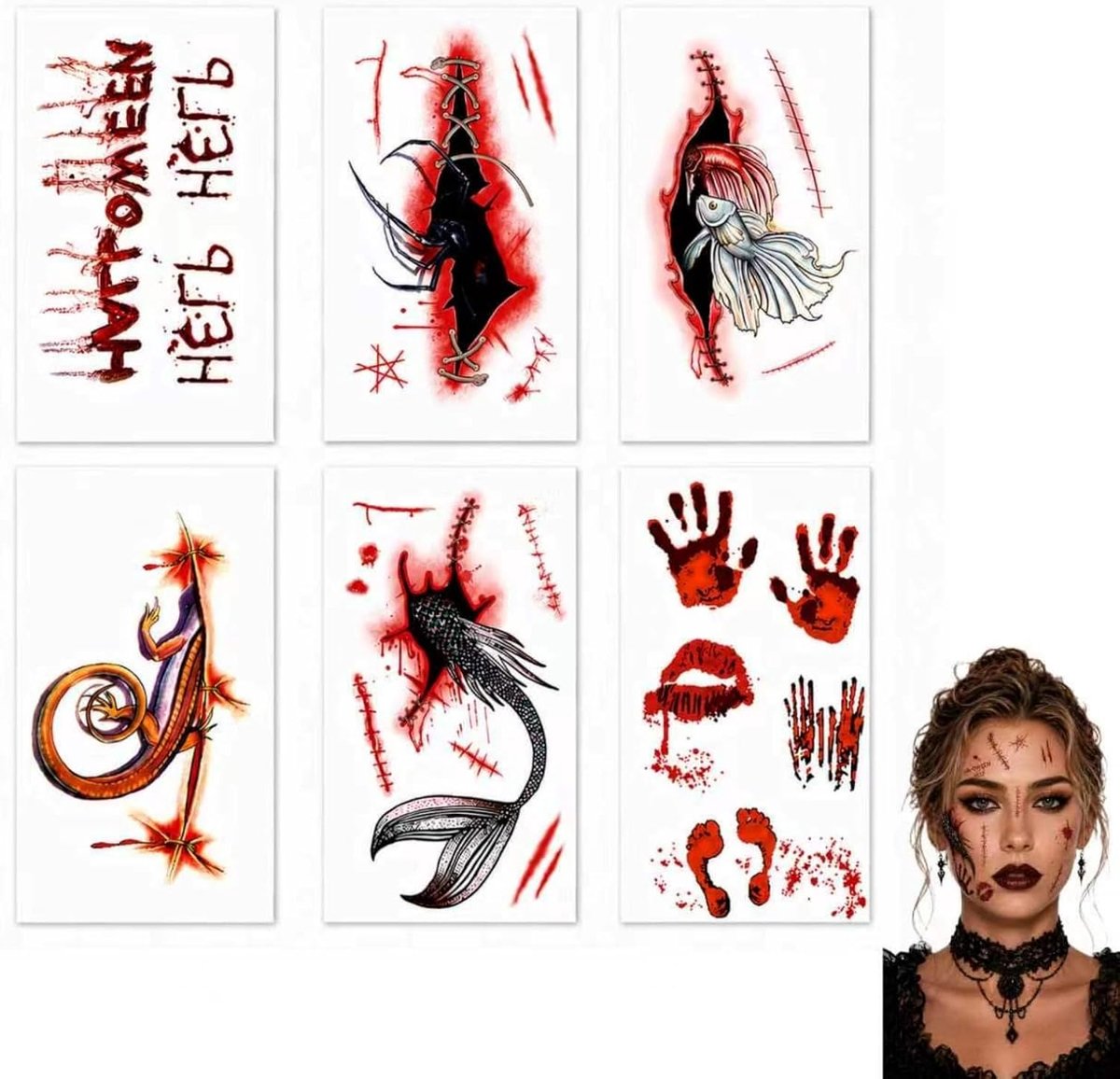 Halloween tatoeages, 6 stuks, griezelige wonden voor kostuum