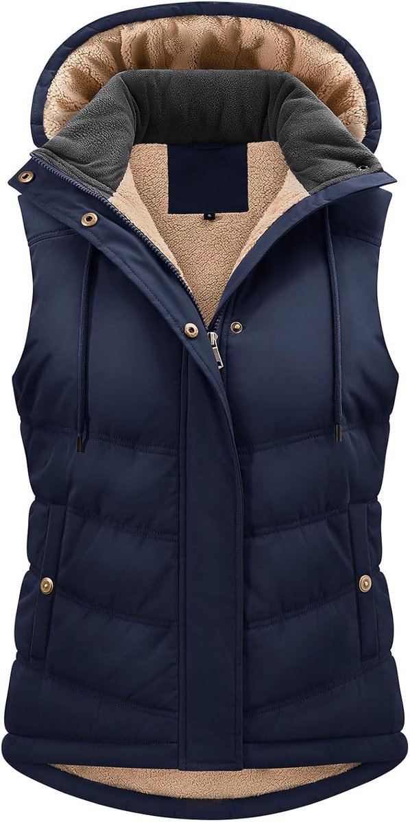heekpek Fleece vest voor dames, met capuchon, ritssluiting, vest voor dames, mouwloos jack, warm vest