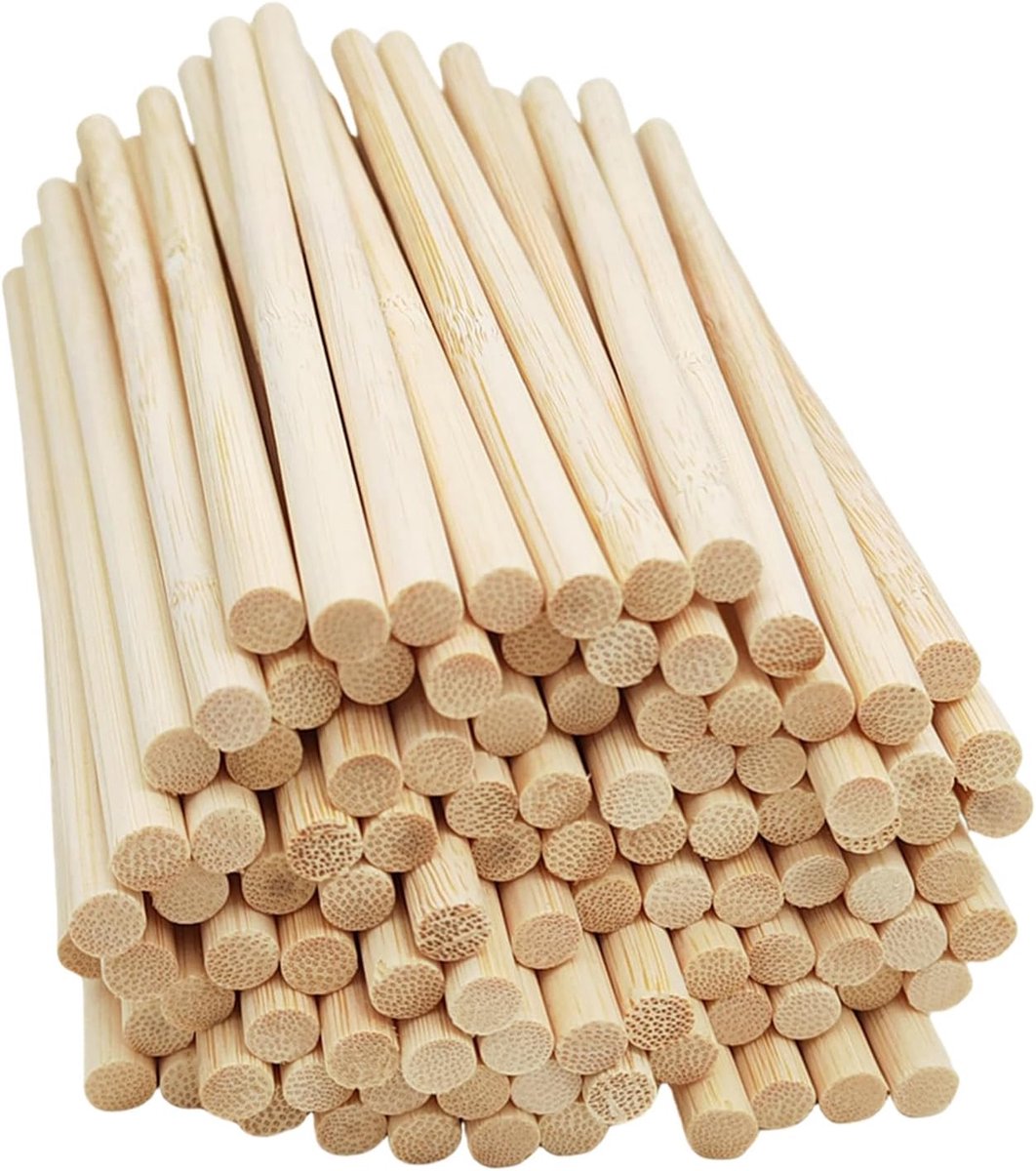 100 stuks natuurlijke ronde bamboe deuvelstangen, 0,8 cm extra lange onafgewerkte bamboe knutselsticks voor houtbewerking, kunstprojecten en doe-het-zelf ambachten (20 cm lang)