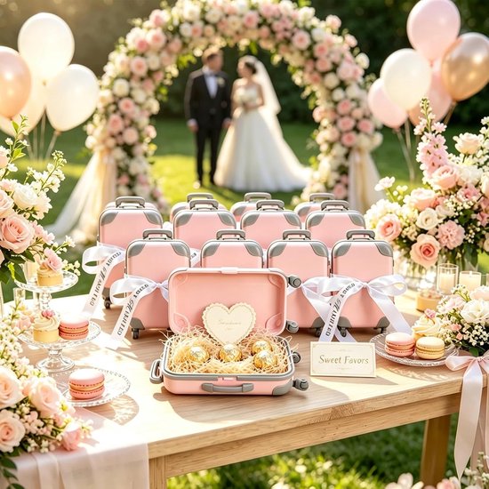 Koffer geschenkdoos bruiloft - geldgeschenk bruidspaar, 3-delig roze - Met 4 groene bruiloftsstickers en lint, ideaal voor geldgeschenken, reiskassa, huwelijksreis en Just Married decoratie van koffer — afbeelding 4