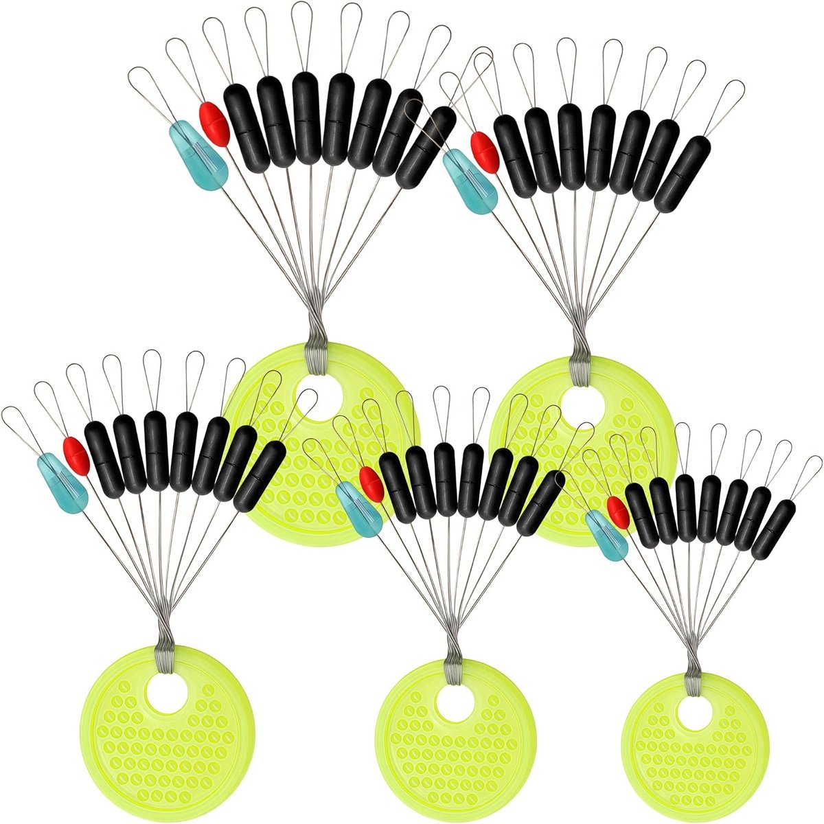 stoppers, visset, 540 stuks (60 sets), zwart en geel, cilindrisch en olijfvorm, rubber