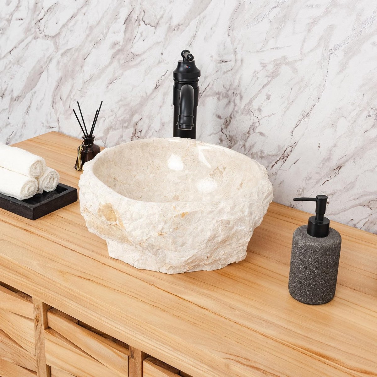 Wastafel Erosi natuursteen wastafel met natuurlijke rand 30 cm crème badkamer uniek