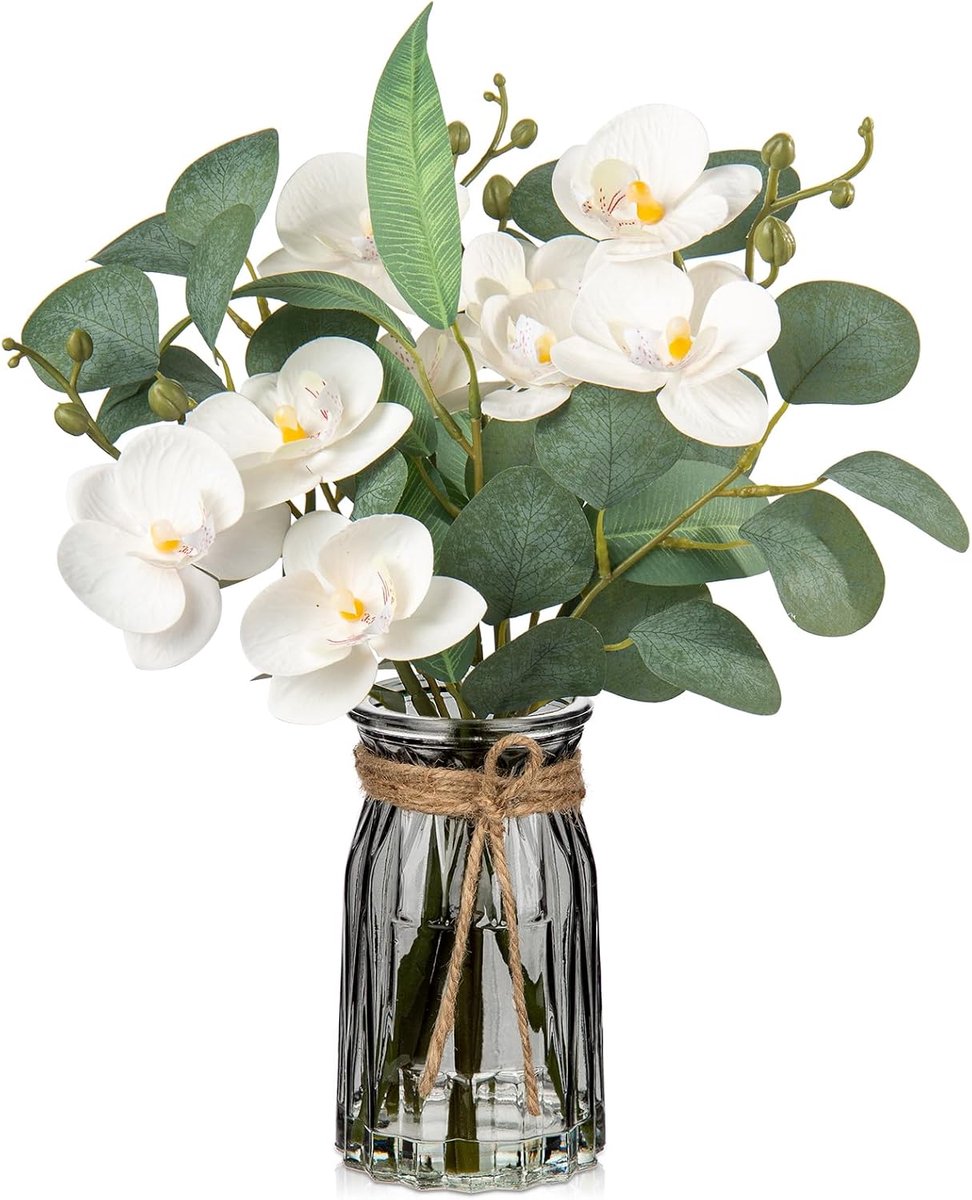 Kunstbloemen met eucalyptusbladeren in glazen vaas met kunstwater kunstbloemen decoraties nepbloemen als echt met echte touch bloem tafel vensterbank decor