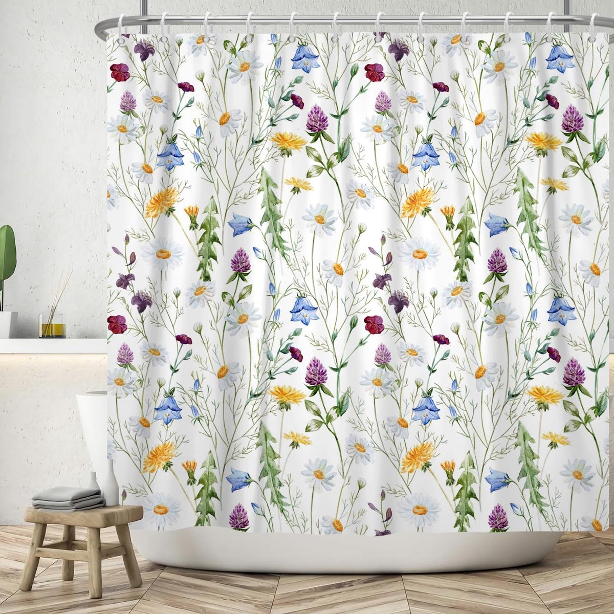 Douchegordijn, 180 x 200 cm, lente, blauw, geel, paars, wit, kleurrijk, bloemen, groen, bladeren, badkamer, wasbaar, douchegordijnen, polyester, textiel, waterdicht, badgordijn voor bad
