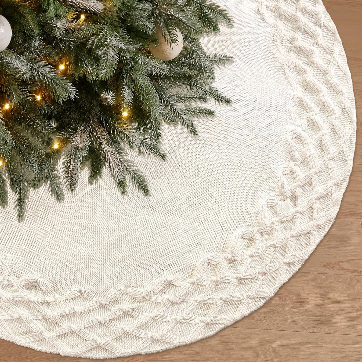 Rok, 92 cm, gebreide kerstboomdeken, rond, wit geweven ruitpatroon, kerstboomdeken, grote kerstboomstandaard, kerstboomtapijt voor thuis, vakantie, kerstdecoratie