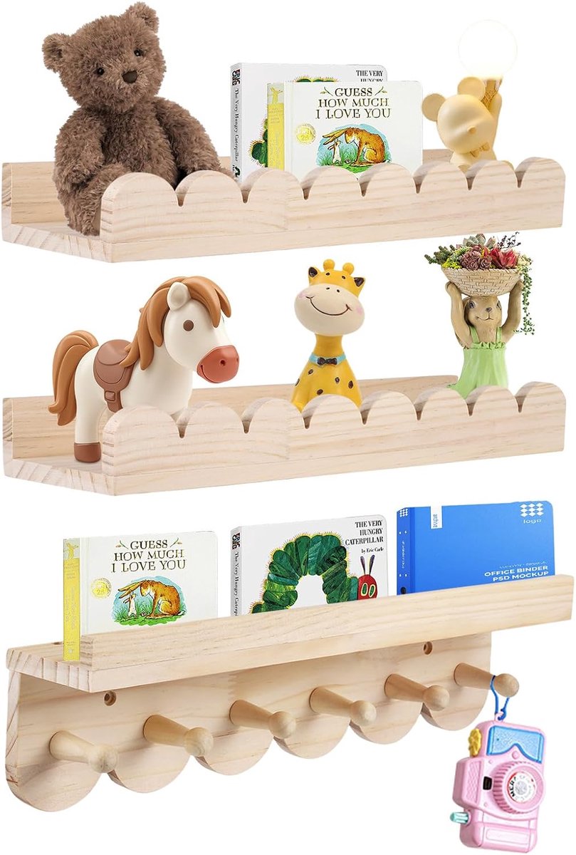 Planken voor kinderen - Boekenplanken met 6 haken voor boeken en speelgoed - Montessori plank 40 cm - Zwevende plank met rondingen voor jongens en meisjes