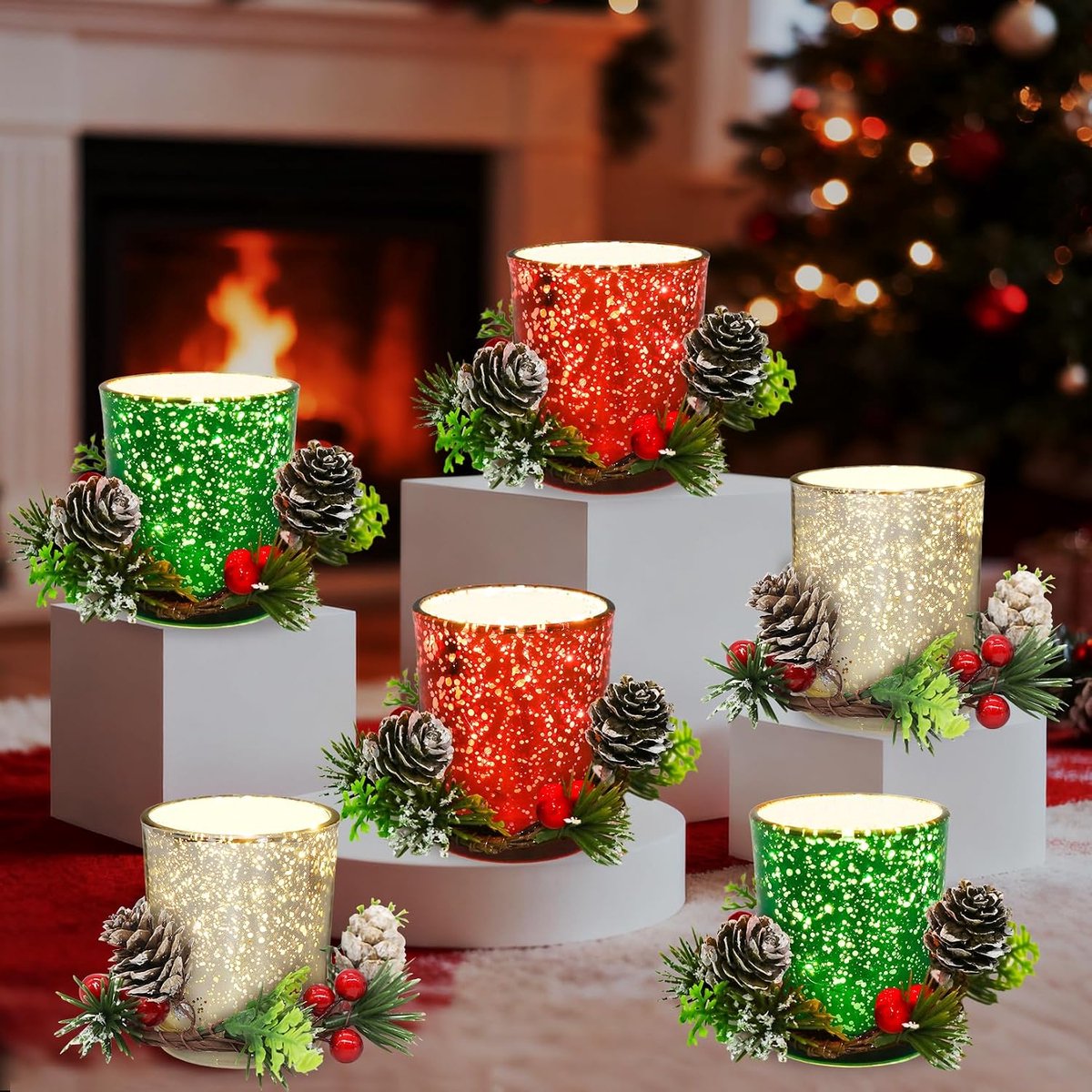 Kerstmis Glas, set van 12 stuks, klein, kaarsenhouder van glas met kerstkrans voor kersttafeldecoratie, theelichtglazen, votiefkaarsenhouder voor woonkamer, bruiloft
