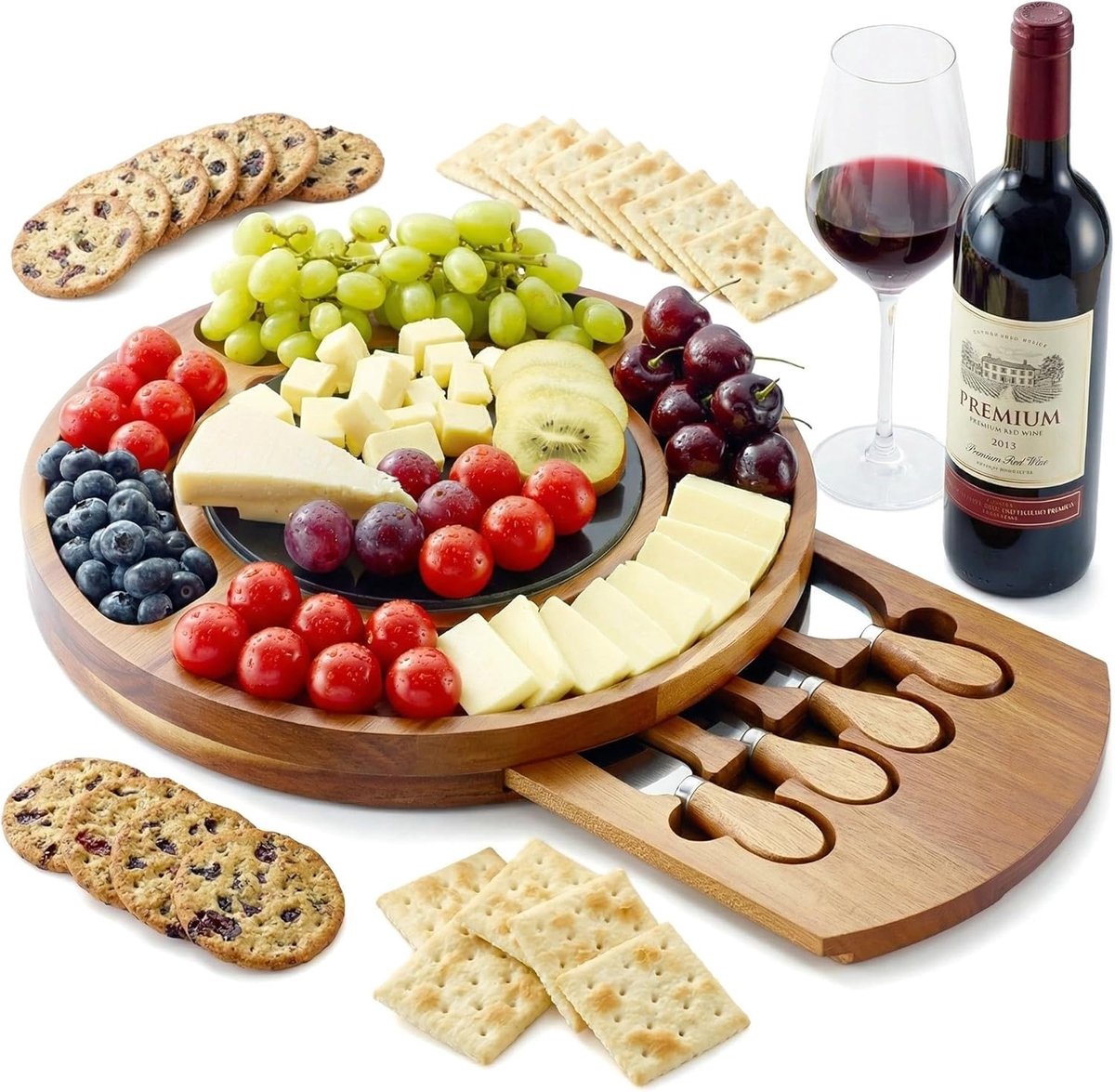 Acacia Houten Kaasplank Geschenkset met Leisteen Plaat, 32cm Rond Charcuterie Board met Verborgen Lade en 4 Specialist Kaasmessen