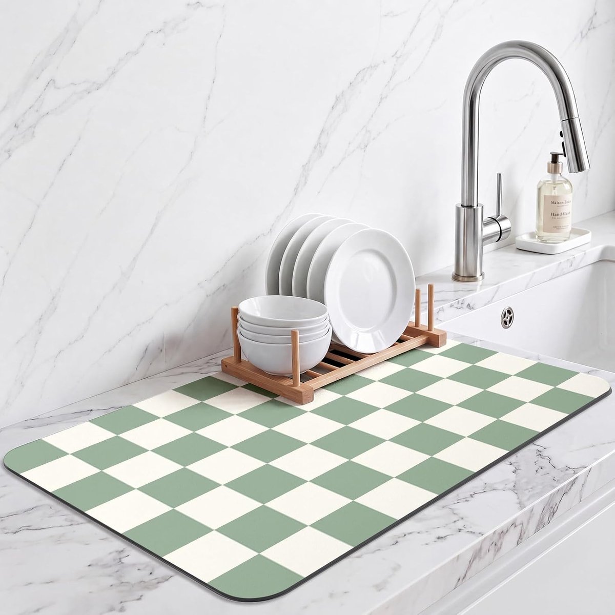 Afdruipmat Voor Het Aanrecht, Antislip en Wasbare Afdruipmat Voor Werkbladen in Koffiebars, Schattige Retro-matten Met Rubberen Achterkant (Saliegroen, 30X50cm)