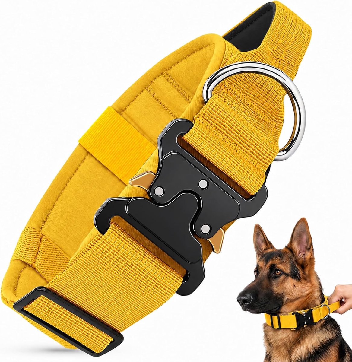 hondenhalsband met handvat en snelsluiting, metalen gesp, zwaar belastbare, dikke brede halsband, militair, verstelbaar, gewatteerde halsband, voor middelgrote en grote honden (geel, L)