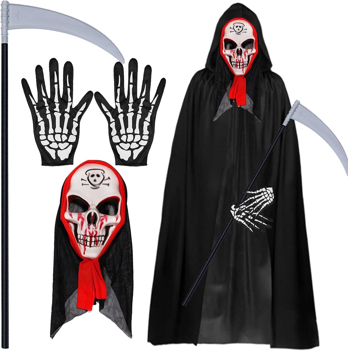 Grim Reaper kostuum voor volwassenen, delig skeletmasker, handschoenen, zeisenmangewaad, Halloween, gezichtsmasker, griezelig monster, geest, festival, horror, cosplay-accessoires voor