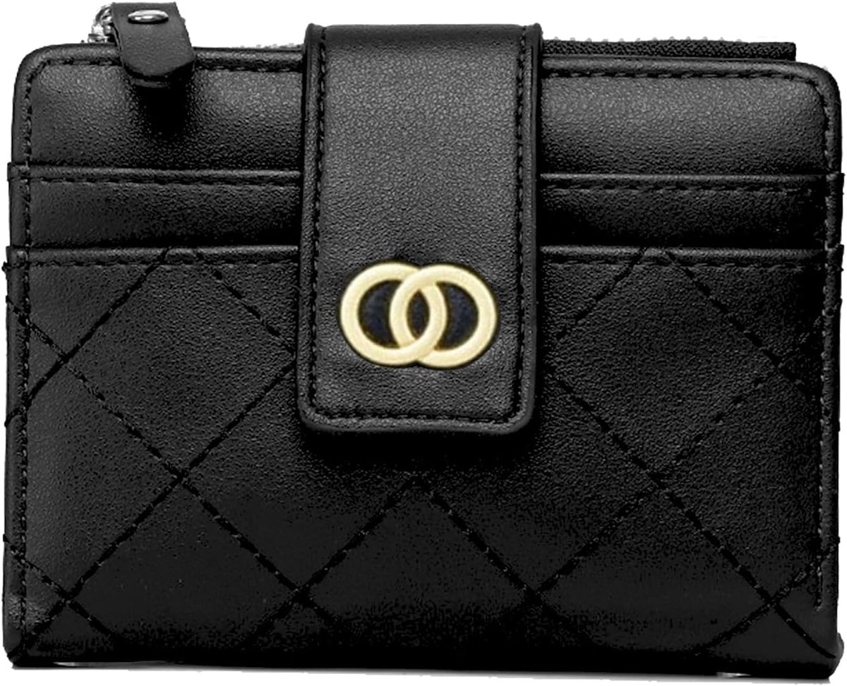 Mini-portemonnee voor dames, klein, veel vakken, met 8 kaartvakken en muntvak, kleine portemonnee voor dames, leer, RFID-bescherming, portemonnee voor dames, klein, zwart, 12×9×2.5 cm, Klassiek