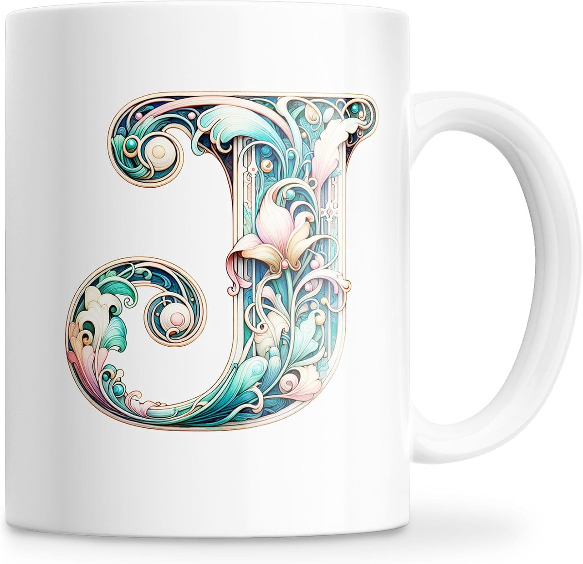 mok met initialen van de naam, keramische mok 350 ml met bloemenmotief, origineel cadeau voor vrouwen, mama, vrienden, vaatwasmachinebestendig en magnetronbestendig (J)