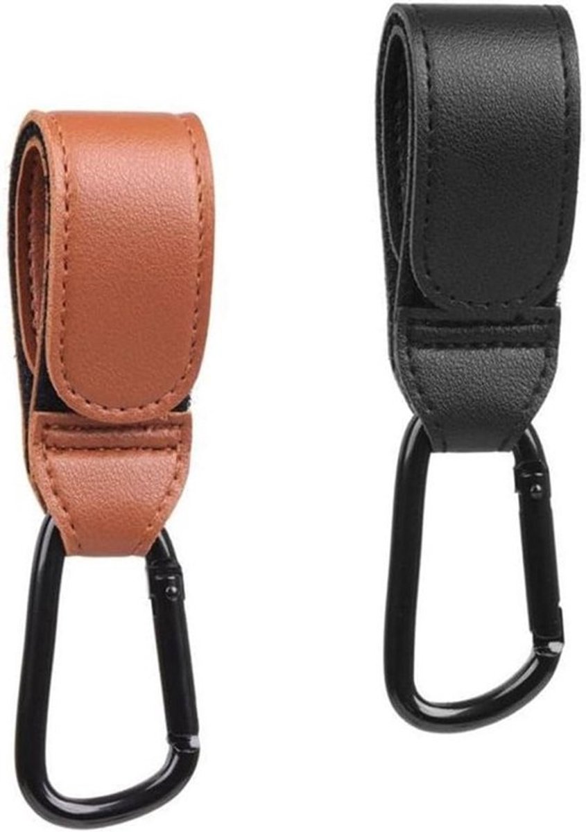 Allecto Plus - 2 stuks zwarte kinderwagen clip haken van leer voor handige bevestiging