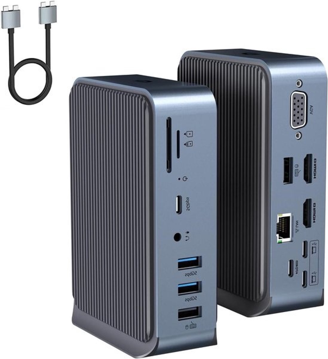 15-in-2 USB C-adapter, dual monitor USB C HUB, USB C docking station, met 2 HDMI, VGA, 4 USB A, 2 USB C, USB C 3.0, Ethernet, 100 W PD, audio en SD/TF kaartlezeraansluitingen voor laptop